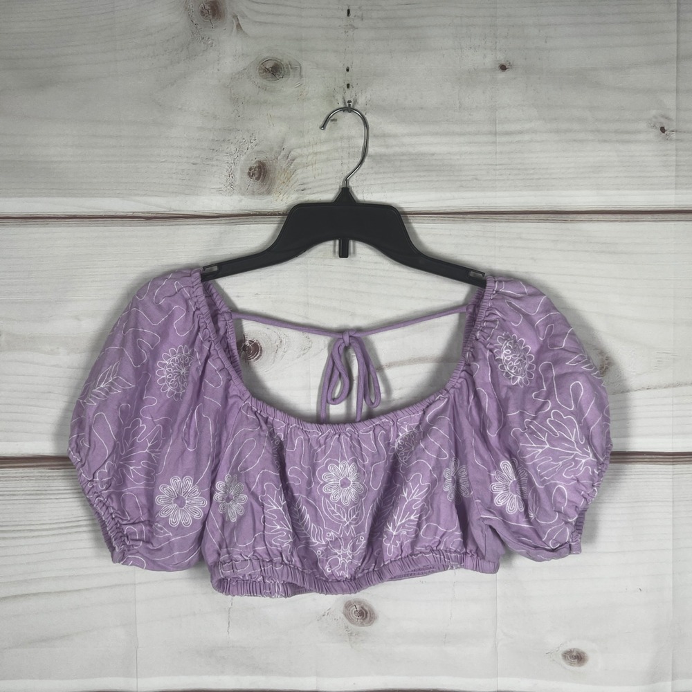 Free People Embroidered Crop Top Womens Small Purple Floral Puff Sleeve Tie Back